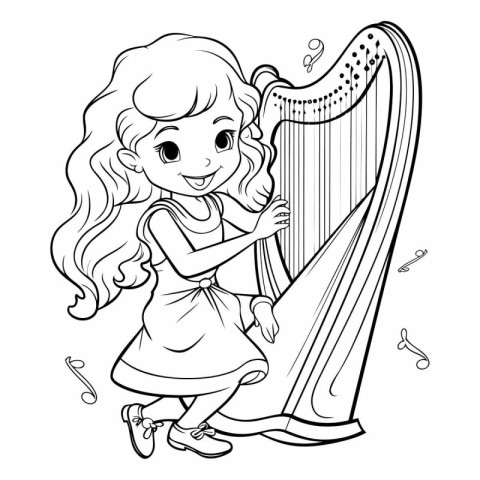 Little girl playing harp. Black and white vector illustration fo