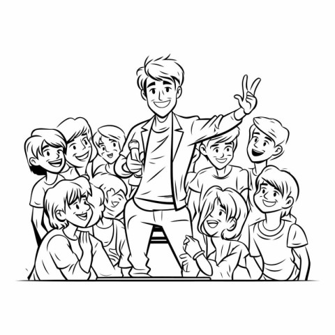 Schoolboy with group of children. Black and white vector illustr