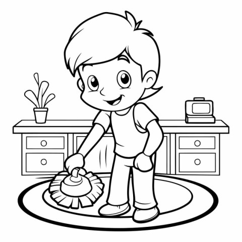 Black and White Cartoon Illustration of Boy Cleaning Floor with