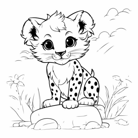 Cute cartoon cheetah sitting on a rock in the grass