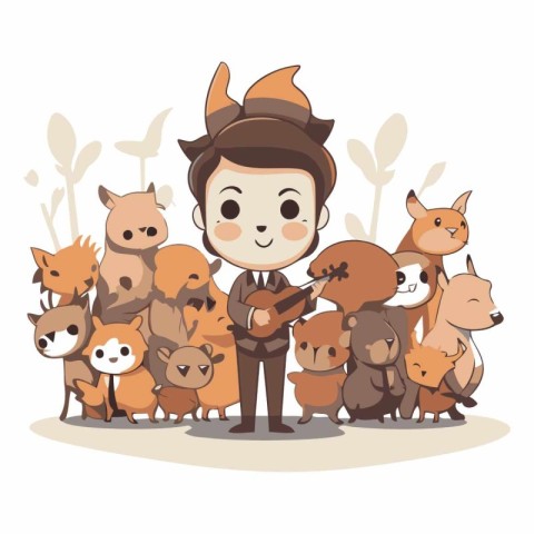 Cute cartoon cowboy with a group of animals.