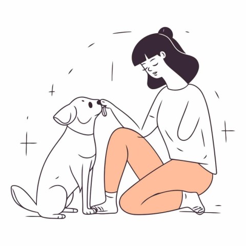 Vector illustration of a girl sitting on the floor with a dog.