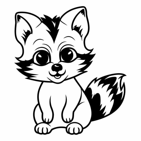 Cute Little Fox - Black and White Cartoon Illustration. Vector