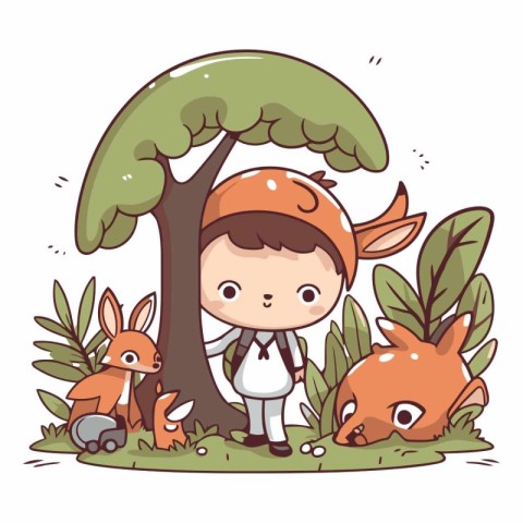 cute little boy with foxes in the garden vector illustration des