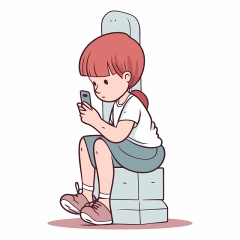 Little girl sitting on toilet and using mobile phone.