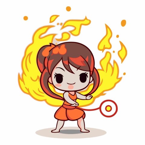 Cute cartoon girl with fire on white background.