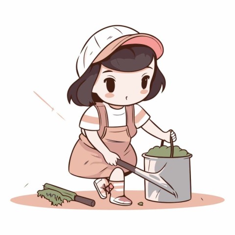 Illustration of a Cute Girl Cleaning the Floor with Tools