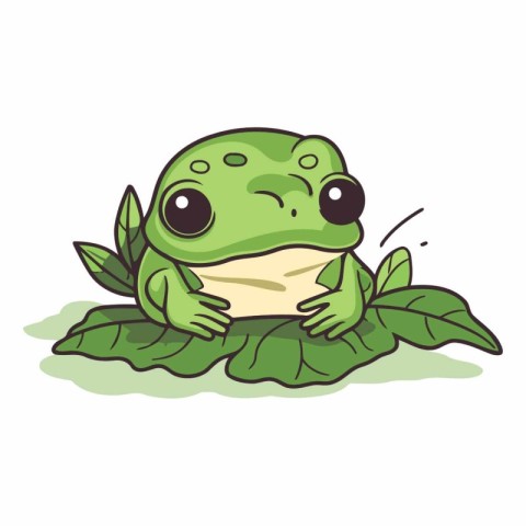 Cute cartoon frog sitting on a green leaf.