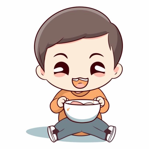 Cute little boy sitting and eating a bowl of milk.