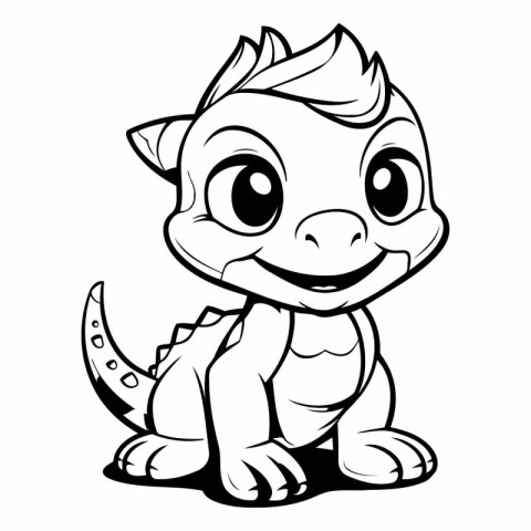 Cute Baby Dinosaur - Black and White Cartoon Illustration. Vecto