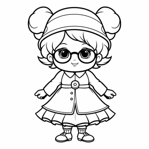 Black and White Cartoon Illustration of Cute Little Girl with Gl