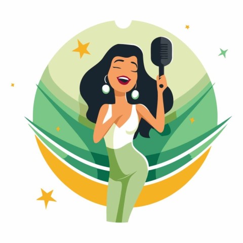 Beautiful girl singing with a microphone in flat style