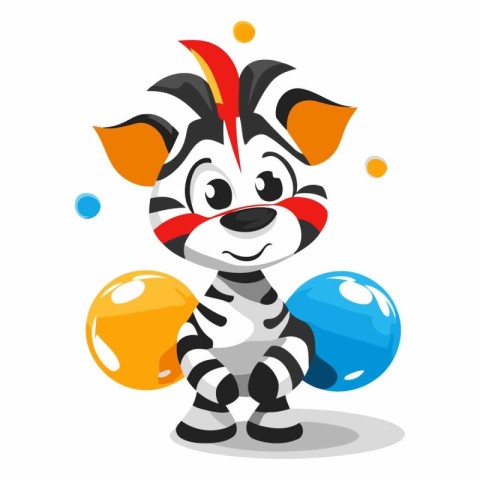 Cute zebra with balloons on white background.