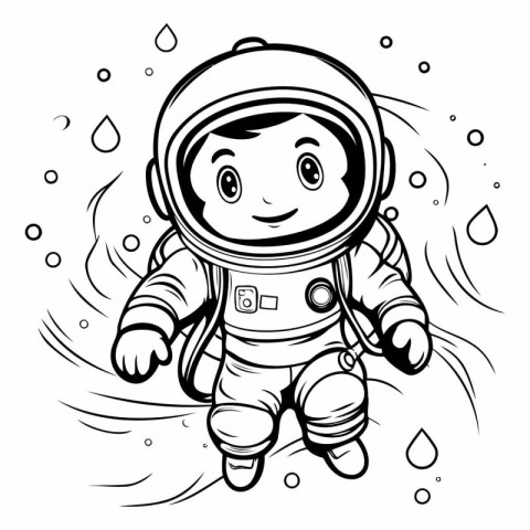 Cute little astronaut in space suit. Black and white vector illu