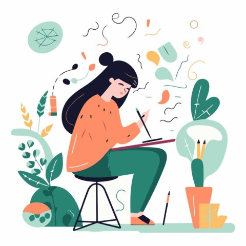 Vector illustration of a girl drawing with a pencil in a pot.