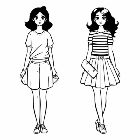 Fashion girls in sketch-style on white background.