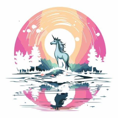 Unicorn on the lake in flat style.