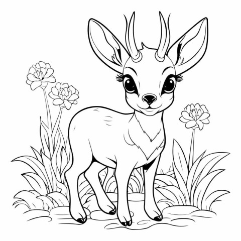 Cute deer in the garden. Black and white vector illustration for