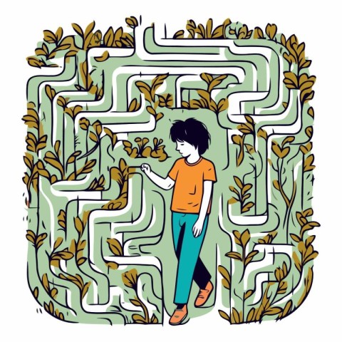 Vector illustration of a maze with a boy in the middle of the la