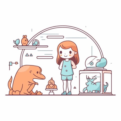 Pet shop concept. Girl and dog in pet store