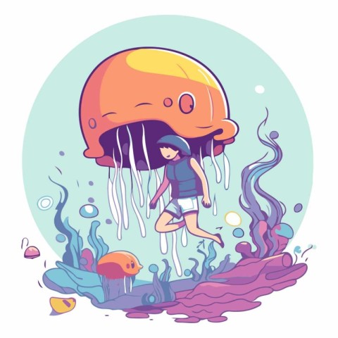 Jellyfish in the sea of a cute cartoon character.