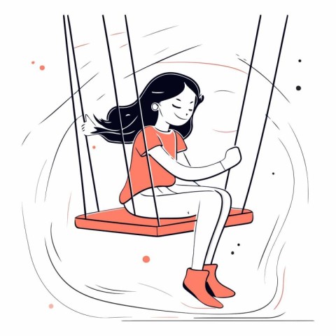 Girl swinging on a swing in line art style.