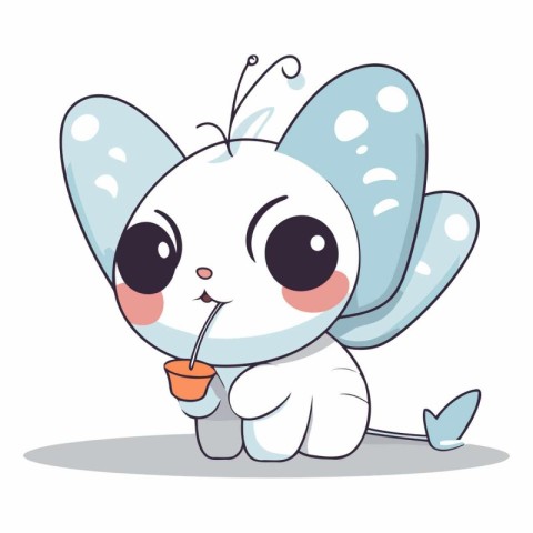 Butterfly with a cup of juice. Cute cartoon vector illustration.