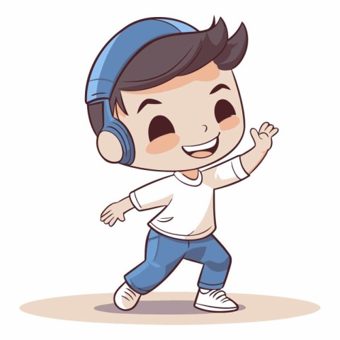 Boy listening to music with headphone and dancing. Vector cartoo