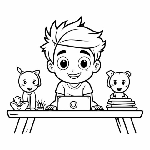 Boy with laptop and pets. Coloring book for children.