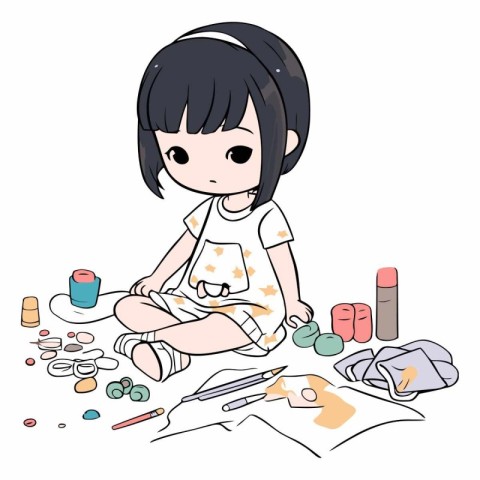 Illustration of a Cute Little Girl Playing with Her Crafts