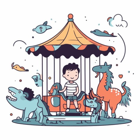 Cute little boy riding a carousel in amusement park