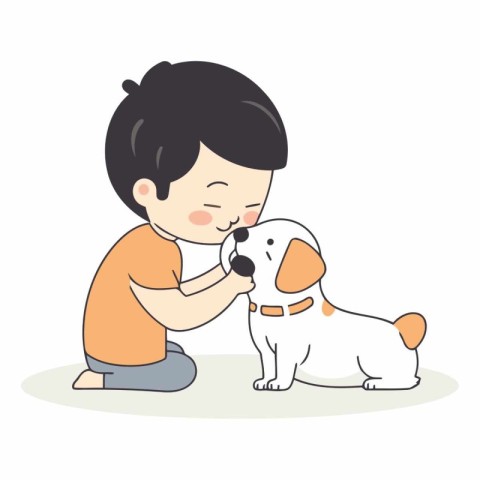 Little boy playing with a dog. Cute cartoon vector illustration.