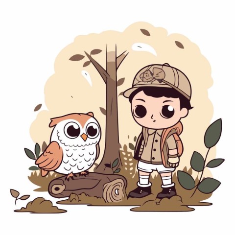 Cute cartoon boy scout with owl in forest.