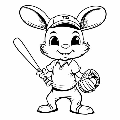 Black and White Cartoon Illustration of a Little Bunny Baseball