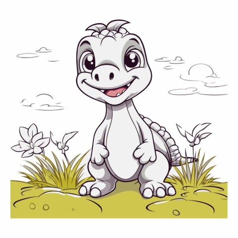 Cute cartoon dinosaur sitting in the grass on a white background