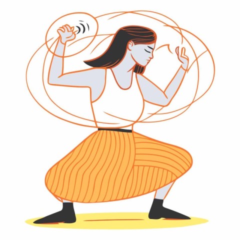 Vector illustration of a young woman dancing and listening to mu