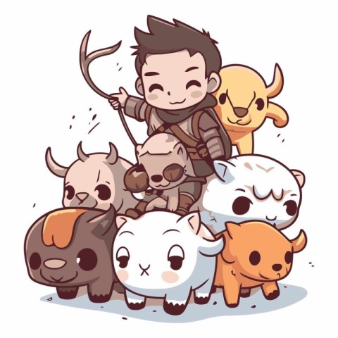 Vector illustration of a cute cartoon boy with a group of animal