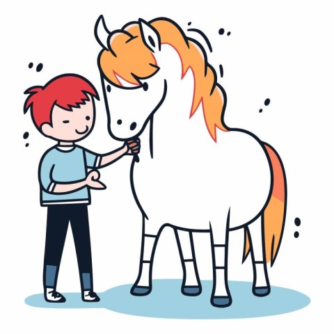 Cute little boy and horse in cartoon style.