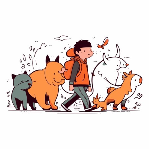 Vector illustration of a boy walking with dogs in the park. Cart