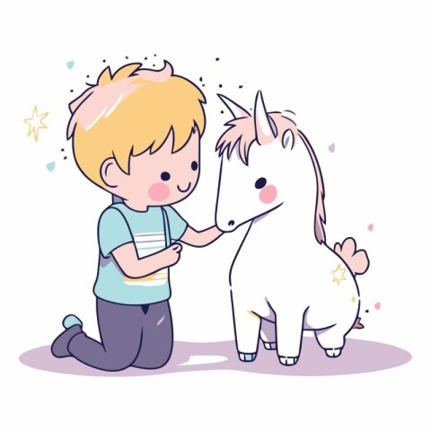 cute little boy with cute unicorn vector illustration designicon