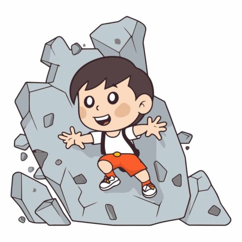 Little boy climbing on a rock. Vector cartoon illustration isola