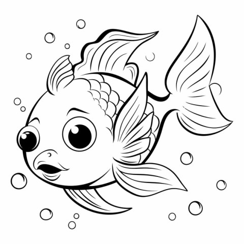 Black and White Cartoon Illustration of a Cute Fish Animal for C