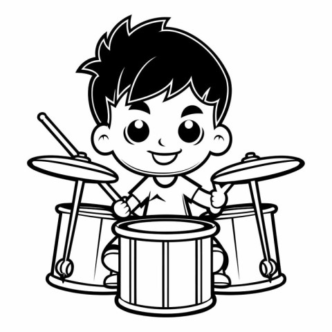 Cute little boy playing drums and drumsticks cartoon vector illu