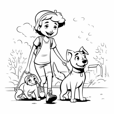 Girl walking with a dog in the park. Black and white vector illu