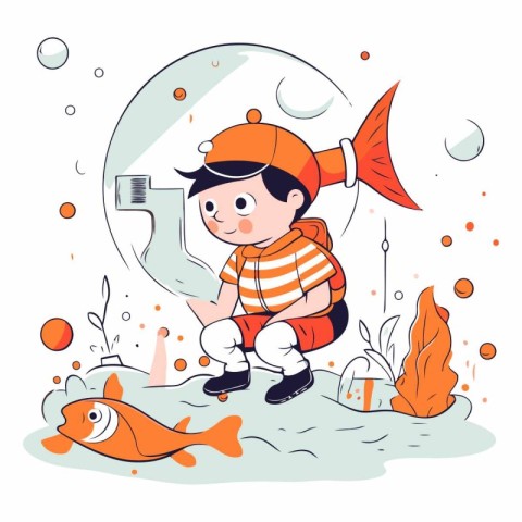 Cute little boy playing with fish in the sea. cartoon vector ill