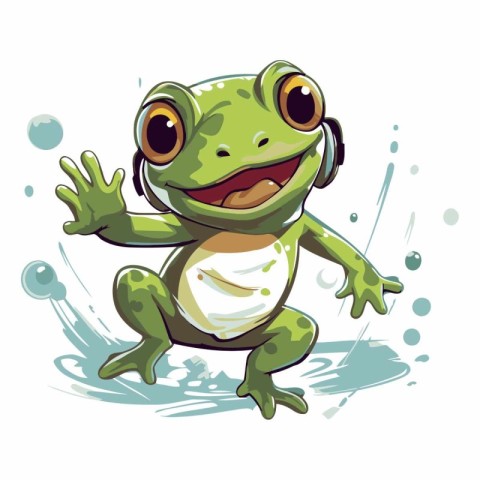 Cute cartoon frog listening to music on headphones.