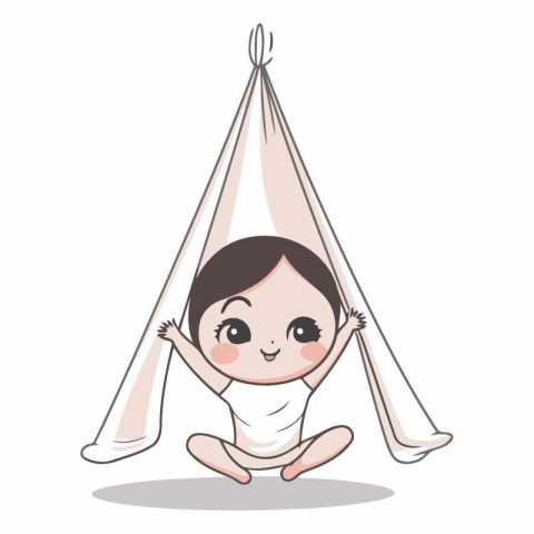 Cute baby girl in a teepee. Vector cartoon illustration.