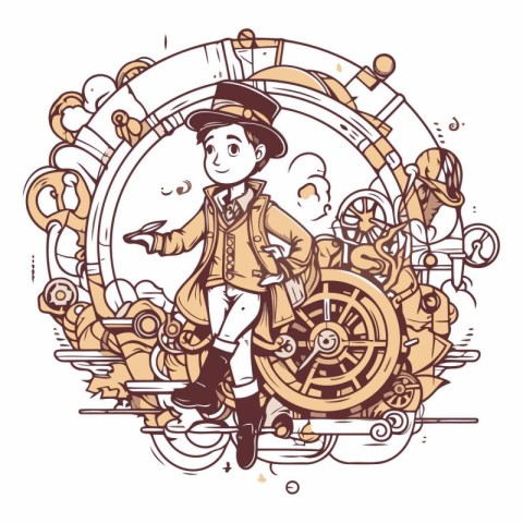 Vector hand drawn illustration of a boy in the steampunk style.