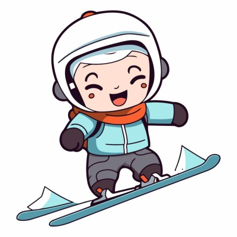 Cartoon skier boy riding a snowboard.