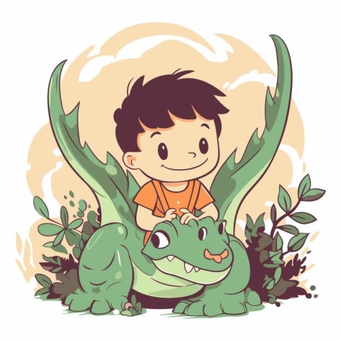 Cute boy and crocodile in the jungle.